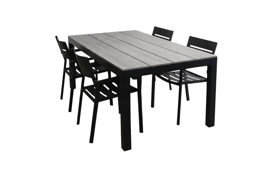 5-delige tuinset | 4 Delia stapelbare tuinstoelen (Black) | 160cm Cyprus tuintafel (Grey)