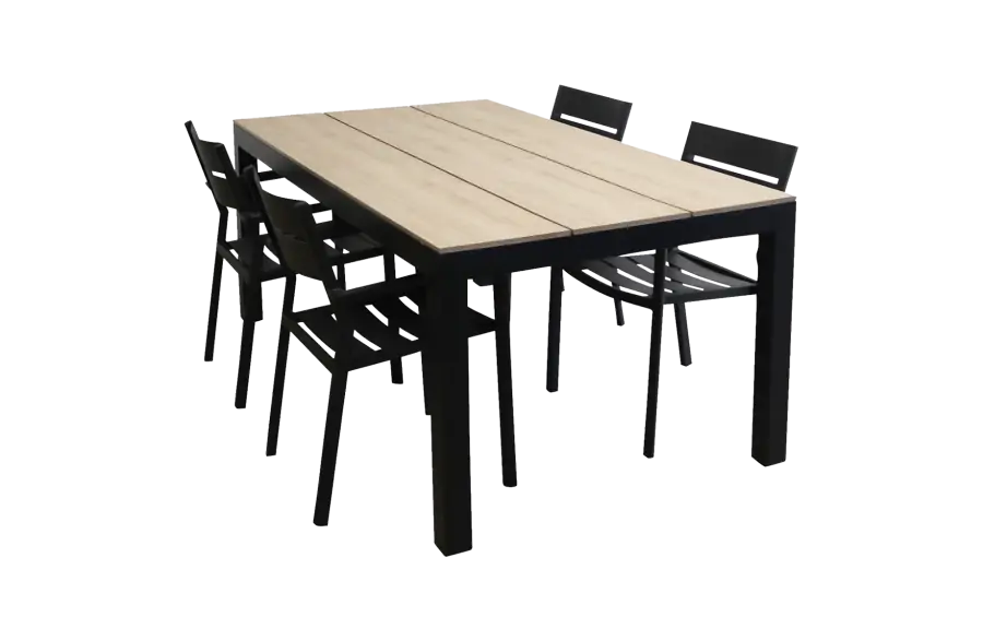 Delia tuinset-5 delige tuinset-Delia stapelbare tuinstoel black-polywood tuintafel-wood kleur tafelblad-aluminium frame