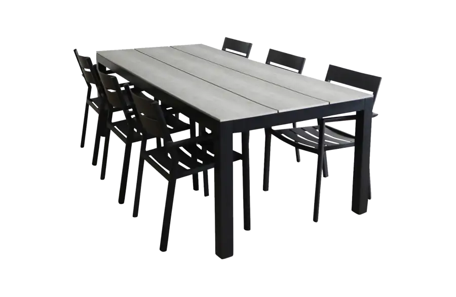 Delia tuinset-7 delige tuinset-Delia stapelbare tuinstoel-black-polywood tuintafel-grey kleur tafelblad-aluminium frame-vooraanzicht