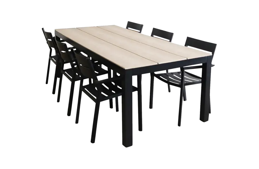7-delige tuinset | 6 Delia stapelbare tuinstoelen (Black) | 225cm Cyprus tuintafel (Wood)
