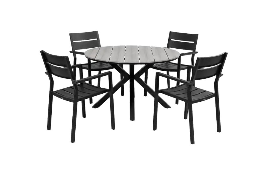 Delia ronde tuinset-5 delige tuinset-stapelbare tuinstoelen black-polywood tuintafel-grey kleur tafelblad-aluminium frame
