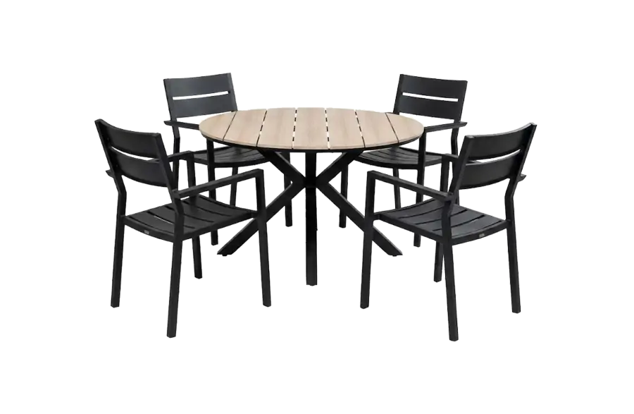 Delia ronde tuinset-5 delige tuinset-stapelbare tuinstoelen black-polywood tuintafel-aluminium frame
