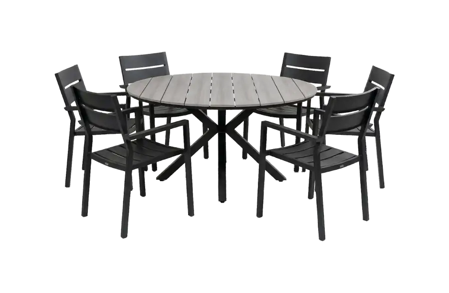 7-delige ronde tuinset | 6 Delia stapelbare tuinstoelen (Black) | ⌀ 150cm Cyprus tuintafel (Grey)