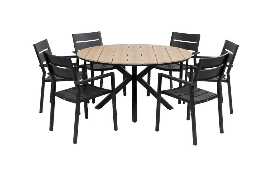 Delia ronde tuinset-7 delige tuinset-Delia stapelbare tuinstoel-black-polywood tuintafel-aluminium frame