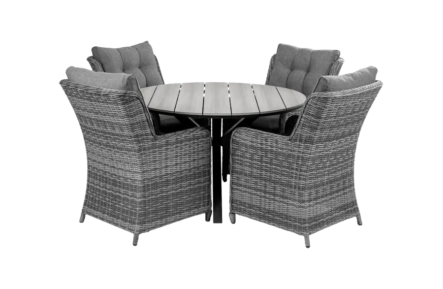 Dublin ronde tuinset-5 delige tuinset-Dublin tuinstoel-Ash Grey-cyprus tuintafel-wicker vlechtwerk-aluminium frame