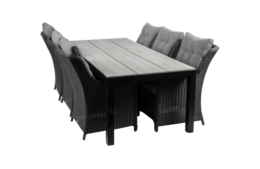 7 delige tuinset Dublin-Dublin verstelbare stoel-Black-polywood tuintafel-wicker vlechtwerk-aluminium frame
