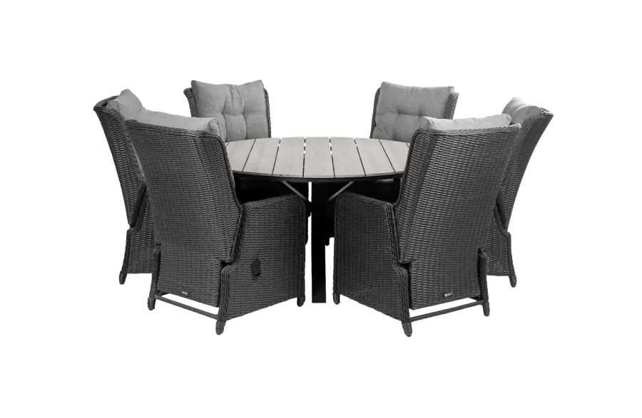 Dublin ronde tuinset-7 delige tuinset-Dublin verstelbare tuinstoel-black-polywood-wicker vlechtwerk