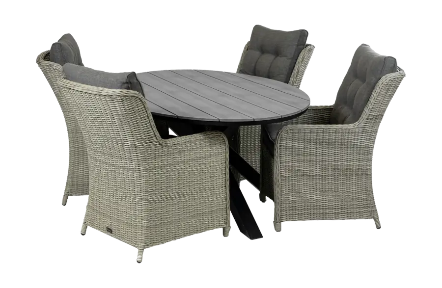 Dublin ronde tuinset-5 delige tuinset-Dublin tuinstoel-Mystic Grey-polywood tuintafel-wicker vlechtwerk-aluminium frame-