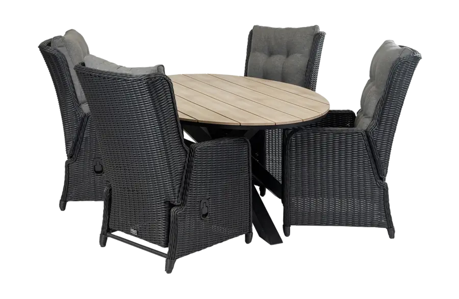 Dublin ovale tuinset-Dublin verstelbare tuinstoel-Black-ovale tuintafel-wood kleur-wicker vlechtwerk-aluminium frame