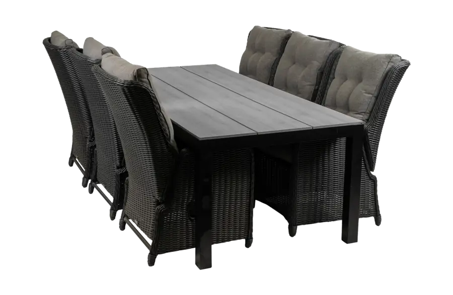 7 delige tuinset Dublin-Dublin verstelbare stoel-Black-polywood tuintafel-wicker vlechtwerk-aluminium frame