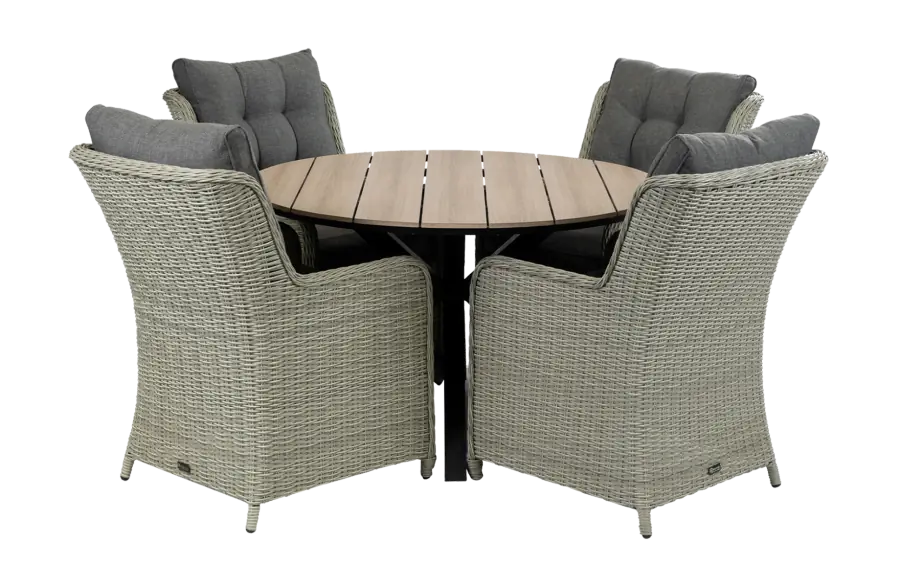cyprus-tuintafel-wood-vaste-dublin-tuinstoelen-mystic grey-wicker vlechtwerk-aluminium frame-polywood tafelblad