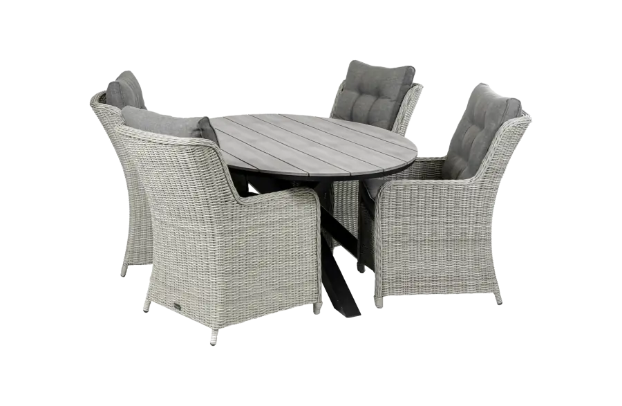 Dublin ronde tuinset-5 delige tuinset-Dublin tuinstoel-Mystic Grey-polywood tuintafel-wicker vlechtwerk-aluminium frame-