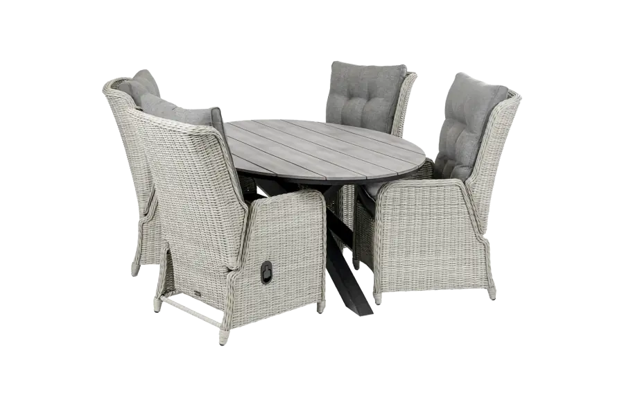 Dublin verstelbare tuinstoel-Mystic Grey-rond wicker vlechtwerk-aluminium frame-grey rug en zitkussen