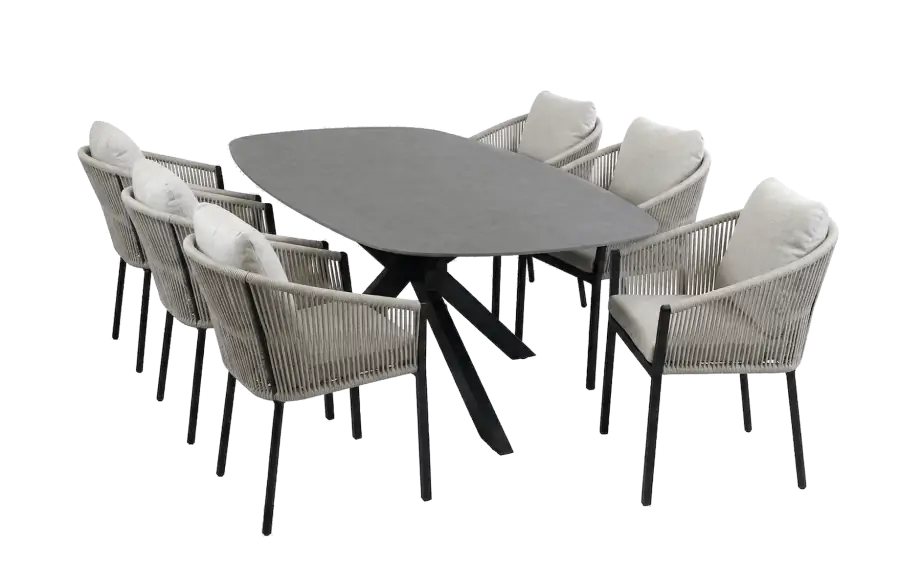 7-delige tuinset | 6 Elvira tuinstoelen | Tuintafel Barletta 240x115cm | Camel & Black Desert Pearl