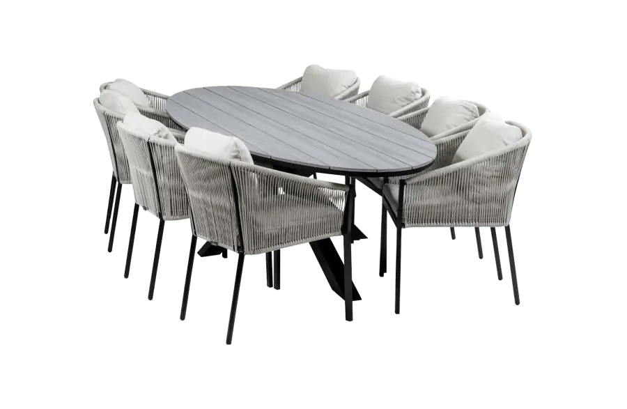 9-Delige tuinset | 8 Elvira tuinstoelen (Black) | 280cm ovale tuintafel Cyprus (Grey)