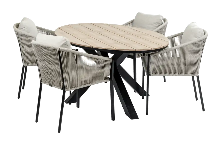 5-delige tuinset | 4 Elvira tuinstoelen (Black) | Tuintafel Cyprus 180x115cm (Wood)