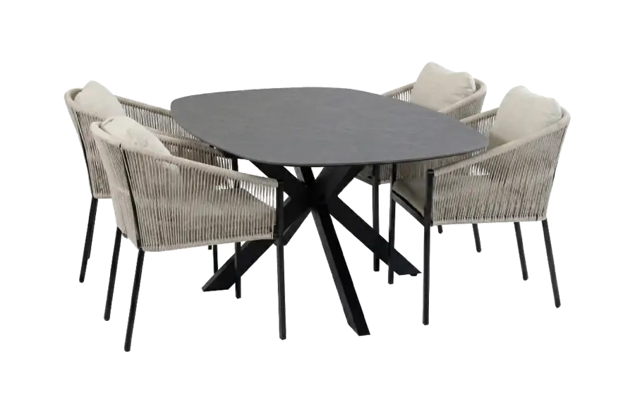 5-delige tuinset | 4 Elvira tuinstoelen | Tuintafel Barletta 180x115cm | Camel & Black Desert Pearl 