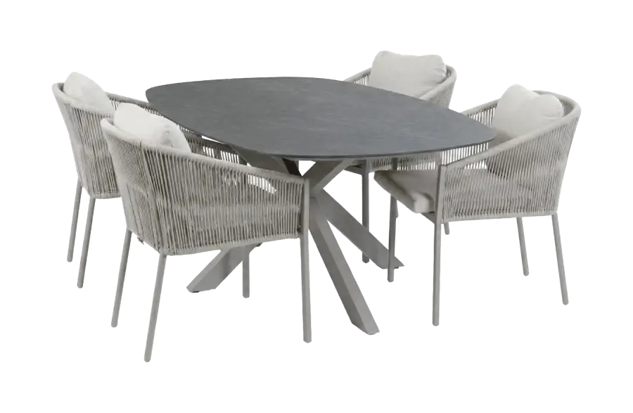 5-delige tuinset | 4 Elvira tuinstoelen (Camel) | Tuintafel Barletta 180x115cm (Desert Pearl/Camel)