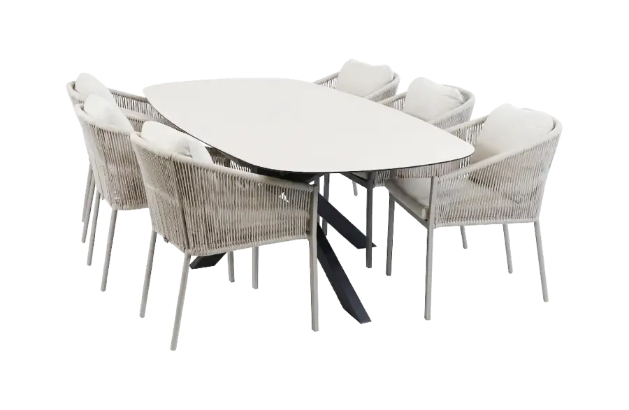 7-delige tuinset | 6 Elvira tuinstoelen | Tuintafel Barletta 240x115cm | Camel & Black Sandstone 