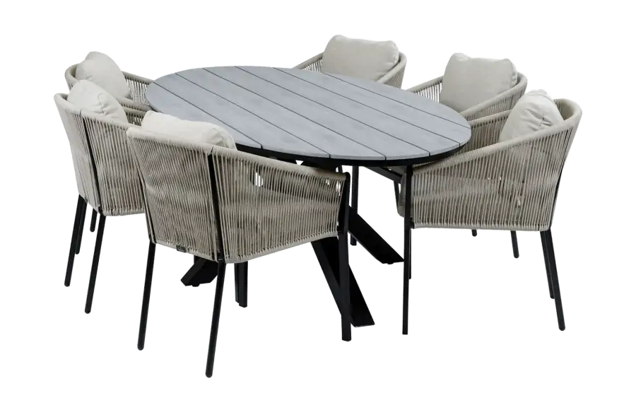 7-Delige tuinset | 6 Elvira tuinstoelen (Black) | 220cm ovale tuintafel Cyprus (Grey)