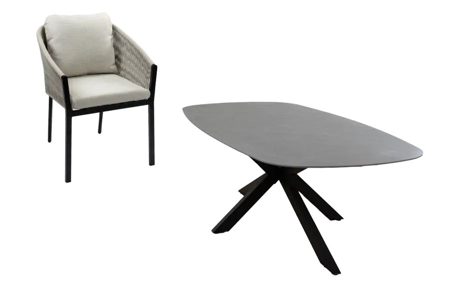 7-delige tuinset | 6 Elvira tuinstoelen | Tuintafel Barletta 240x115cm | Camel & Black Desert Pearl