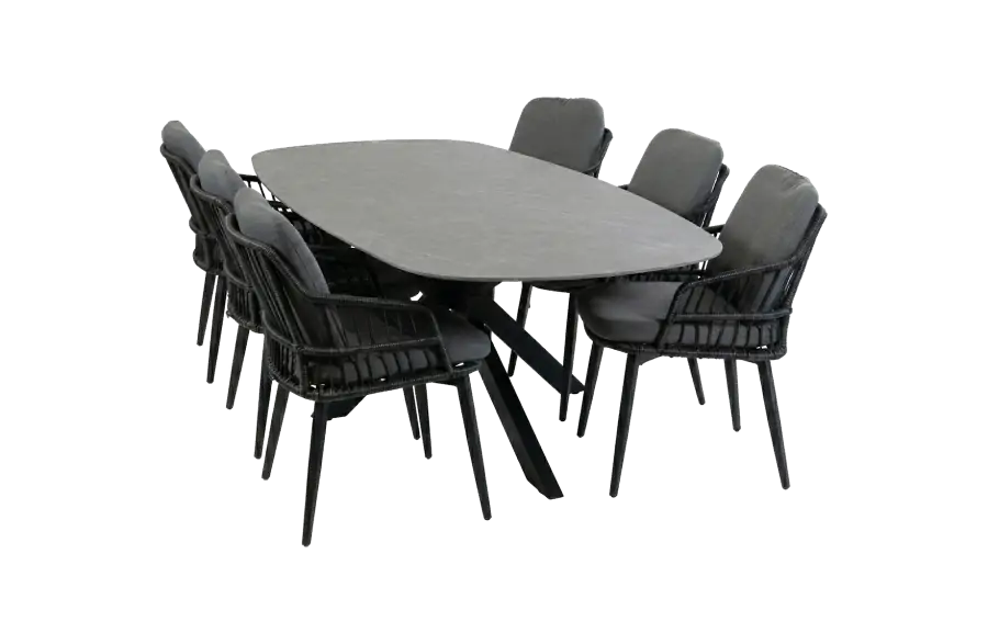 7-delige tuinset | 6 Isabel tuinstoelen (Black) | Tuintafel Barletta 240x115cm (Desert Pearl/Black)