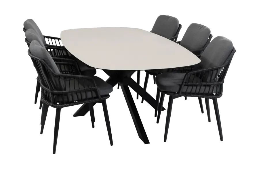 7-delige tuinset | 6 Isabel tuinstoelen | Tuintafel Barletta 240x115cm | Black & Black Sandstone