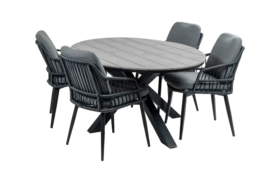5-delige tuinset | 4 Isabel tuinstoelen (Black) | 180 cm ovale Cyprus tuintafel (Grey)