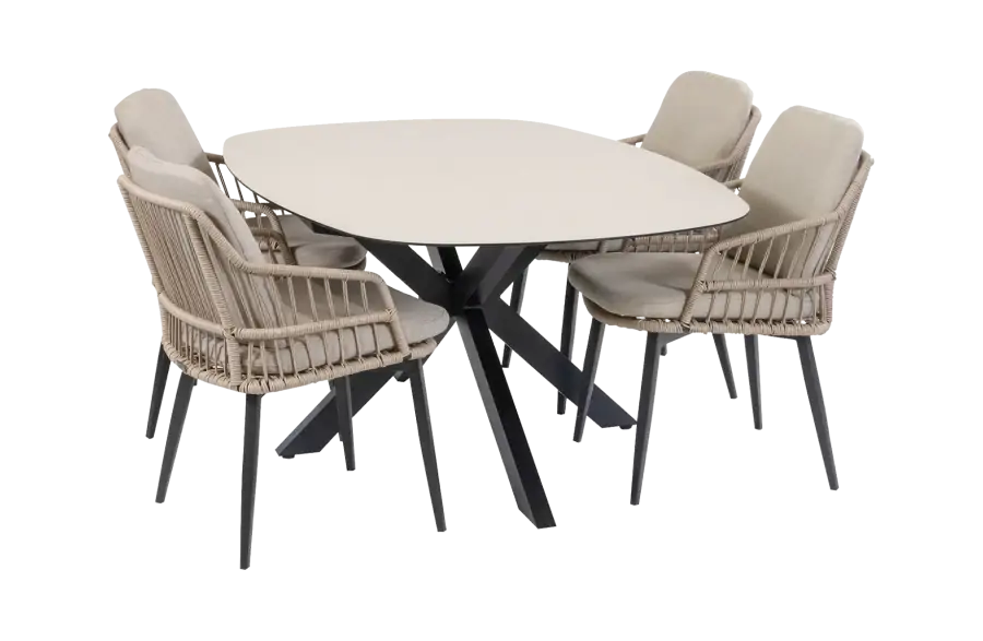 5-delige tuinset | 4 Isabel tuinstoelen | Tuintafel Barletta 180x115cm | Sand & Black Sandstone