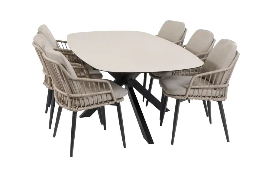 7-delige tuinset | 6 Isabel tuinstoelen | Tuintafel Barletta 240x115cm | Sand & Black Sandstone
