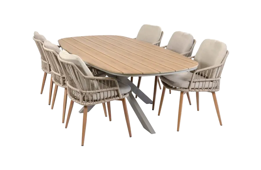 7-delige tuinset | 6 Isabel tuinstoelen (Sand/Wood) | Tuintafel Cadiz 240x115cm (Camel)