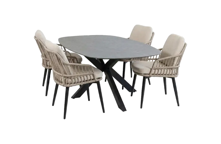 5-delige tuinset | 4 Isabel tuinstoelen | Tuintafel Barletta 180x115cm | Sand & Black Desert Pearl
