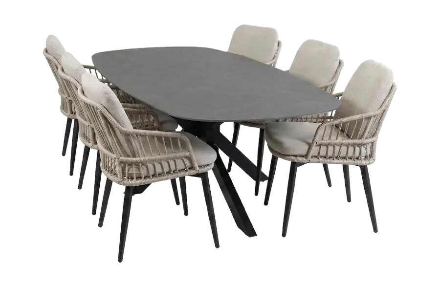   7-delige tuinset | 6 Isabel tuinstoelen | Tuintafel Barletta 240x115cm | Sand & Black Desert Pearl