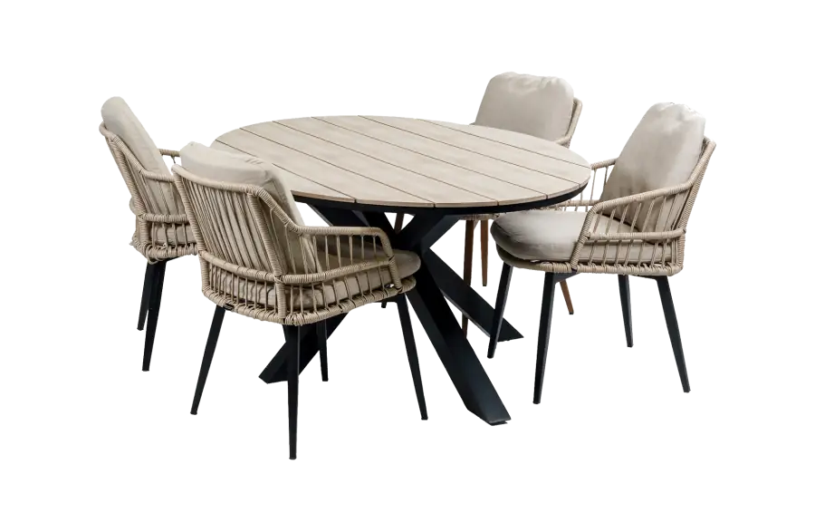 5-delige tuinset | 4 Isabel stoelen (Sand) | 180 cm ovale Cyprus tuintafel (Wood)