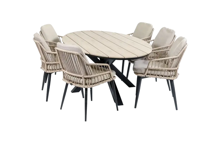 7-delige tuinset | 6 Isabel stoelen (Sand) | 220cm ovale Cyprus tuintafel (Wood)
