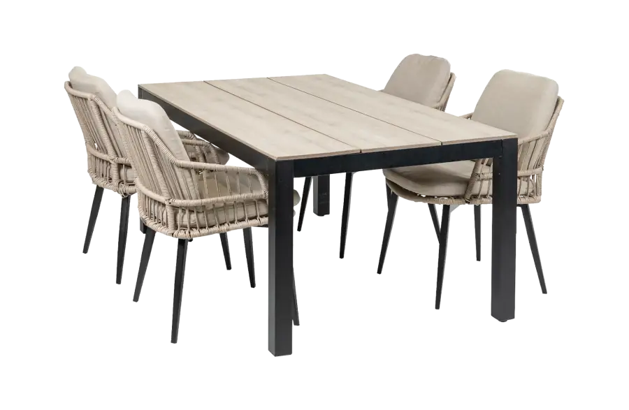 5-delige tuinset | 4 Isabel stoelen (Sand) | 180cm Cyprus tuintafel (Wood)
