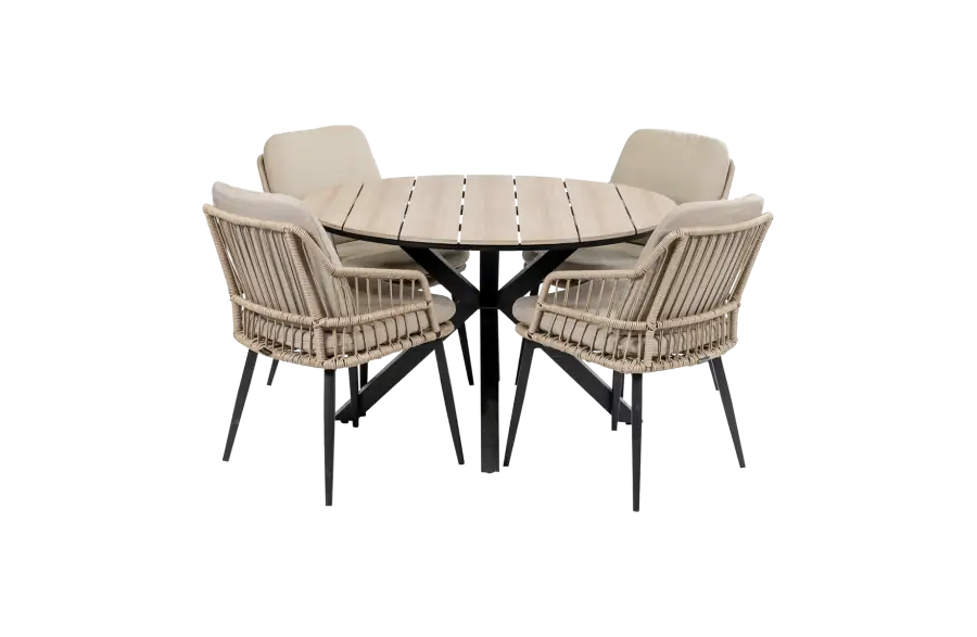 5-delige ronde tuinset | 4 Isabel tuinstoelen (Sand) | ø120cm Cyprus tuintafel (Wood)