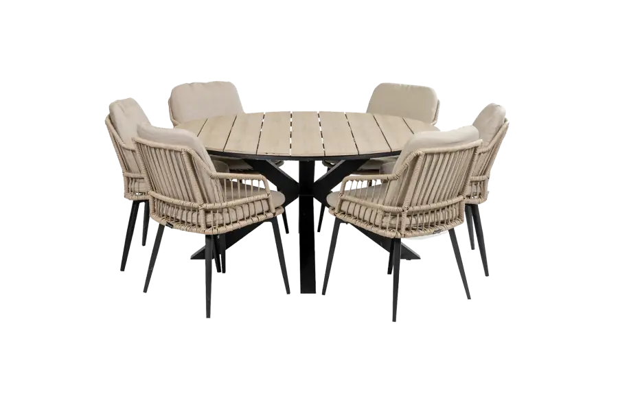 7-delige ronde tuinset | 6 Isabel tuinstoelen (Sand) | ø150cm Cyprus tuintafel (Wood)