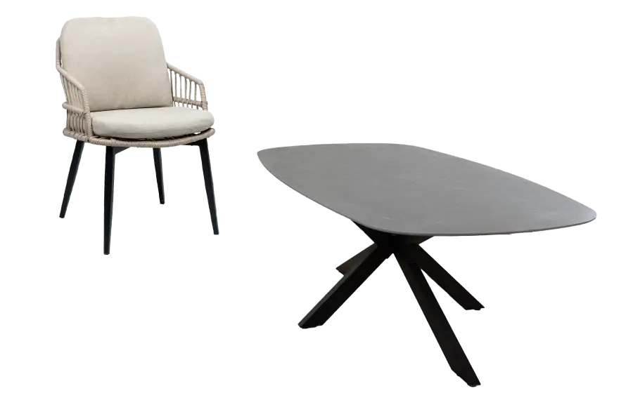   7-delige tuinset | 6 Isabel tuinstoelen | Tuintafel Barletta 240x115cm | Sand & Black Desert Pearl