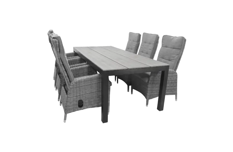 7 delige tuinset-6 kos verstelbare tuinstoelen-Ash Grey-Cyprus tuintafel-grey-polywood tafelblad-wicker-aluminium frame-vooraanzicht