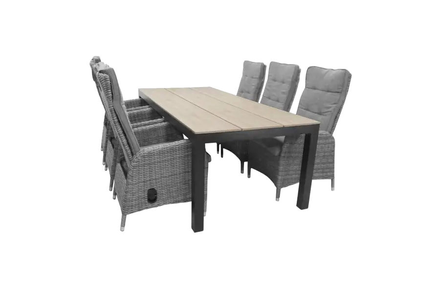 7-delige tuinset | 6 Kos verstelbare stoelen (AG) | 225cm Cyprus tuintafel (Wood)