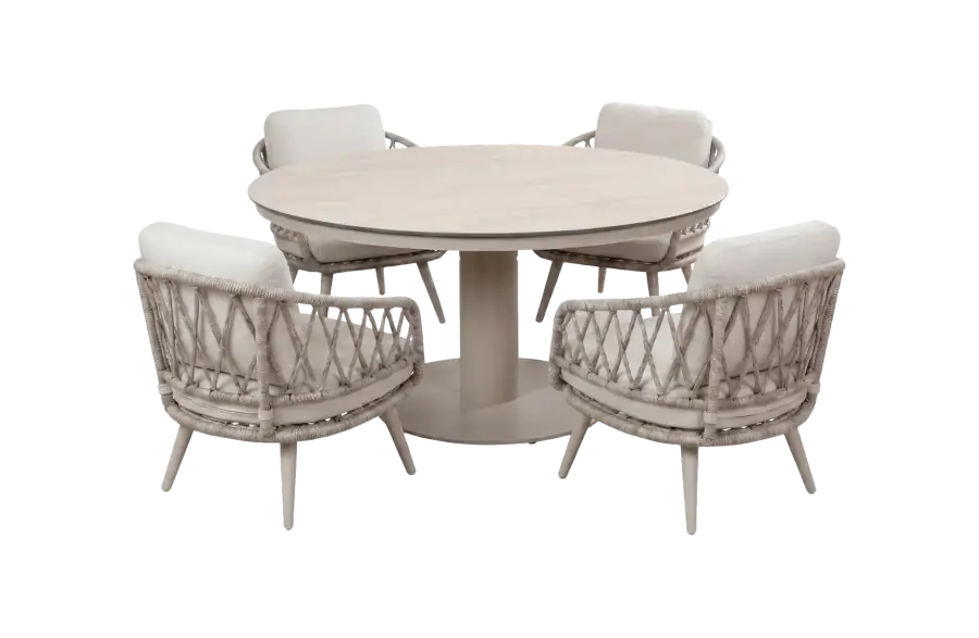 5-delige ronde tuinset | 4 Aurora tuinstoelen (Sand/Sable) | Tuintafel Lille Ø159cm (Sand)