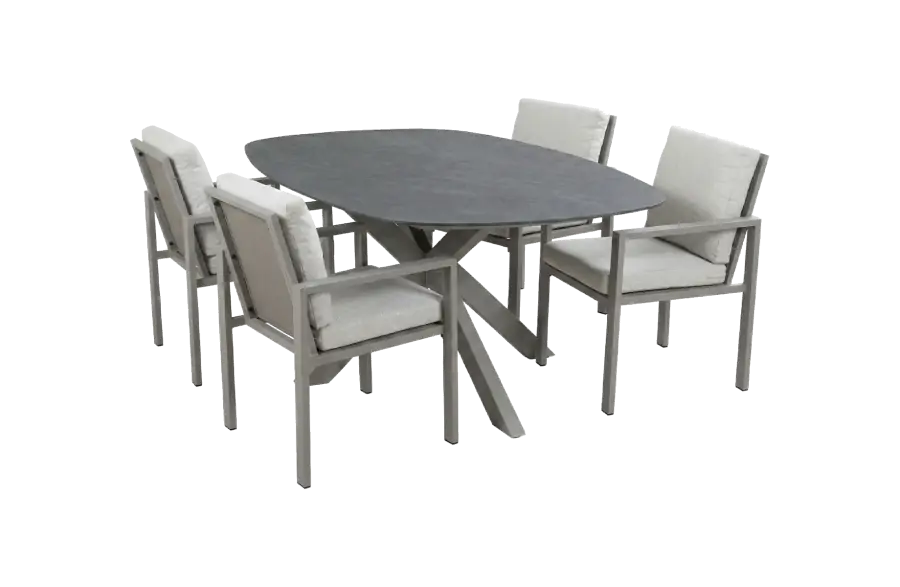 5-delige tuinset | 4 Lumo tuinstoelen (Camel) | Tuintafel Barletta 180x115cm (Desert Pearl/Camel)