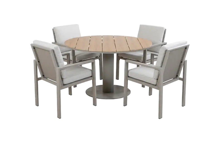 5-delige ronde tuinset | 4 Lumo tuinstoelen (Beige & Camel) | Tuintafel Tower ø120cm (Camel)