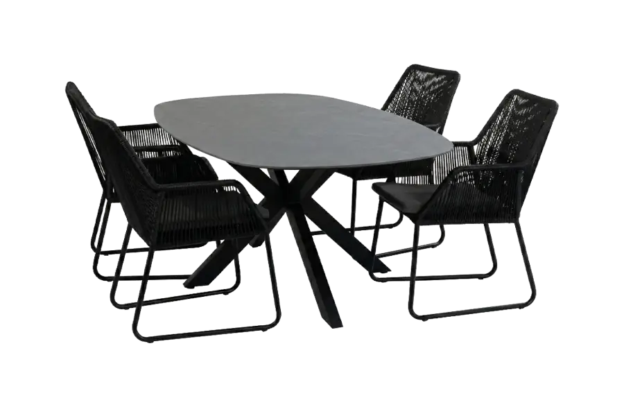 5-delige tuinset | 4 Mona tuinstoelen (Black) | Tuintafel Barletta 180x115cm (Black/Desert Pearl)