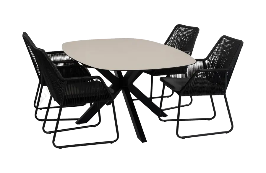 5-delige tuinset | 4 Mona tuinstoelen | Tuintafel Barletta 180x115cm | Black & Black Sandstone 