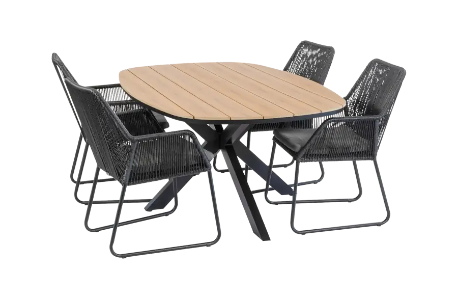 5-delige tuinset | 4 Mona tuinstoelen (Black) | Tuintafel Cadiz  180x115cm (Black)