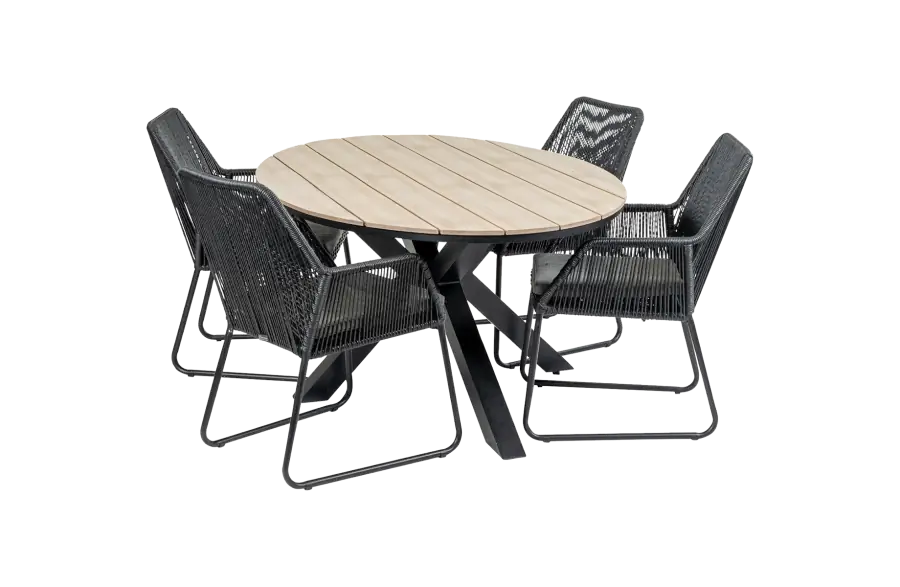 5-delige tuinset | 4 Mona tuinstoelen (Black) | 180cm ovale Cyprus tuintafel (Wood)
