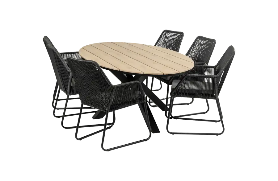 Mona ovale tuinset-7 delige tuinset-Cyprus ovale tuintafel-wood kleur tafelblad-Rope tuinstoel-Tuinstoel kleur black