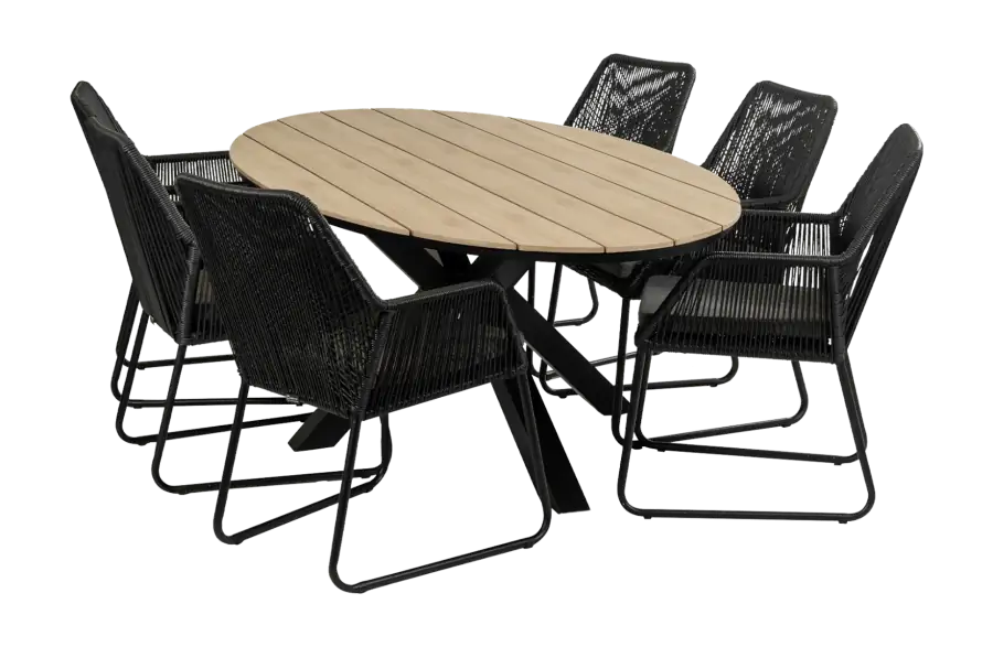Mona ovale tuinset-7 delige tuinset-Cyprus ovale tuintafel-wood kleur tafelblad-Rope tuinstoel-Tuinstoel kleur black